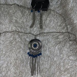 Long silver royal blue necklace and earring set